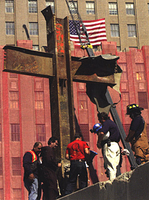 An iron cross composed of steel girders that stood out among the rubble of the World Trade Center towers.